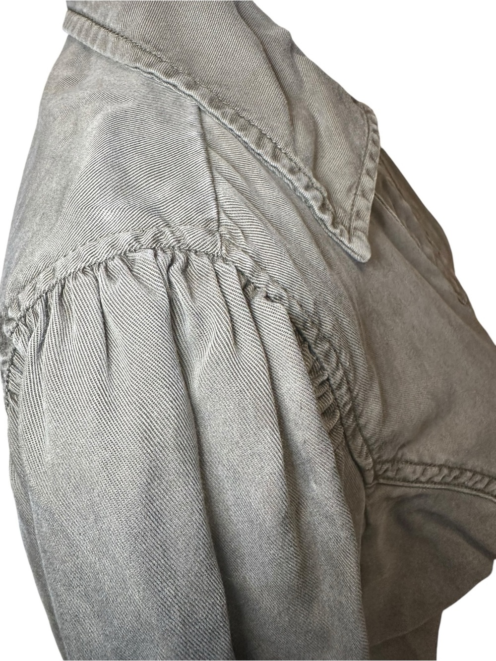 White House Black Market Olive Green Snap Front Puff Sleeve Shirt - Picture 5 of 9